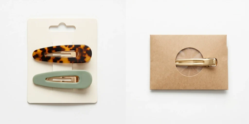 Flat snap barrettes and French clips in retail packaging formats displayed for B2B sourcing reference