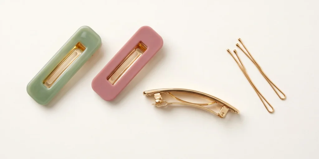 Curated flat hair clip range including snap barrettes, French clip and bobby pins in complementary colourways for retail range planning