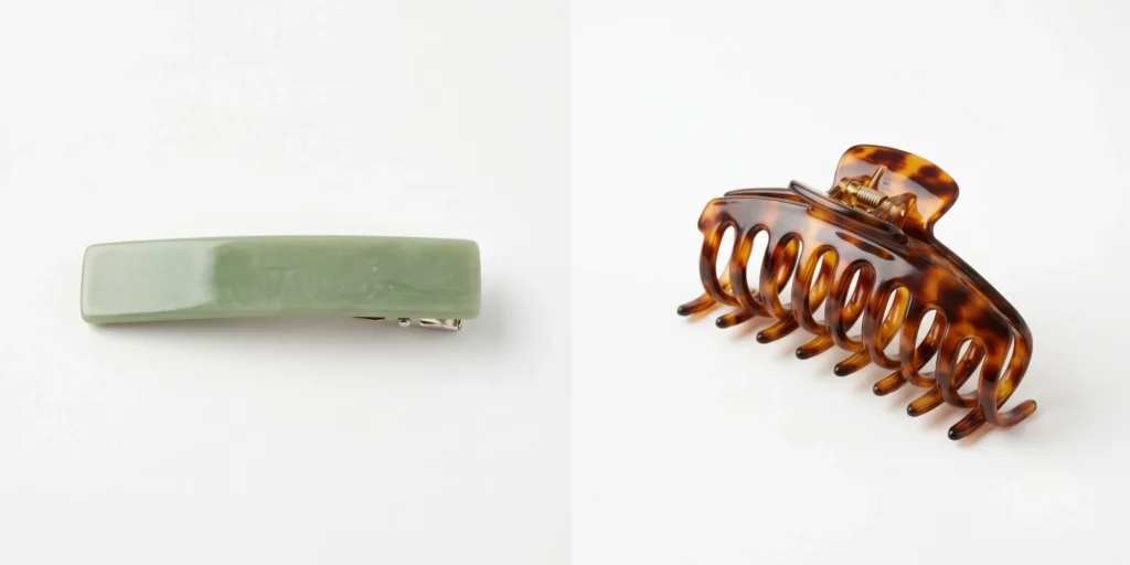 Flat snap barrette and acetate claw clip displayed side by side on a white surface showing structural profile difference