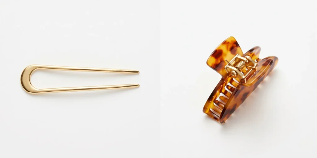 Gold-tone French hair pin and tortoiseshell acetate claw clip displayed side by side on a white surface for comparison