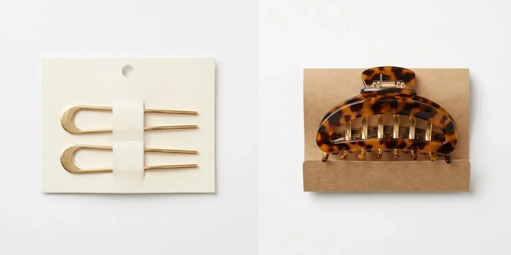 French hair pins on retail header card alongside acetate claw clip in kraft packaging displayed for B2B sourcing reference