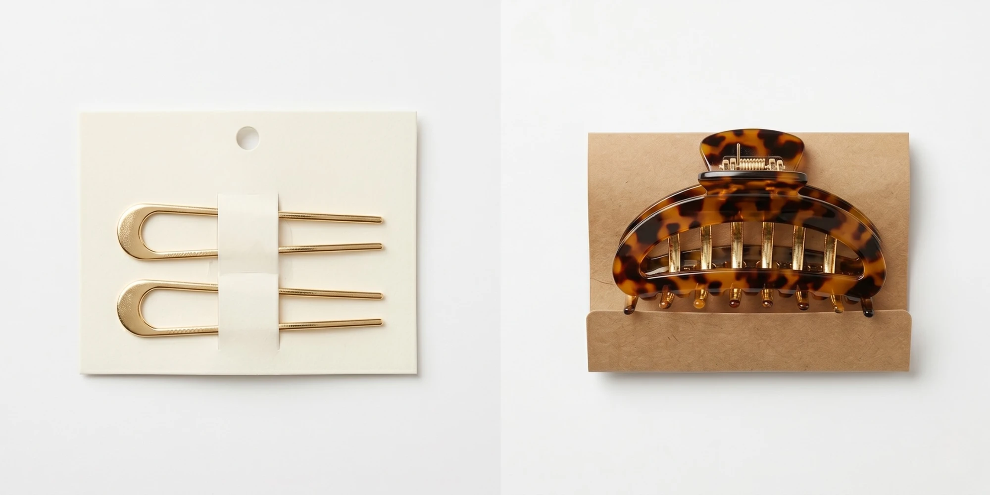 Hair accessories on printed backing cards showing logo placement on retail packaging