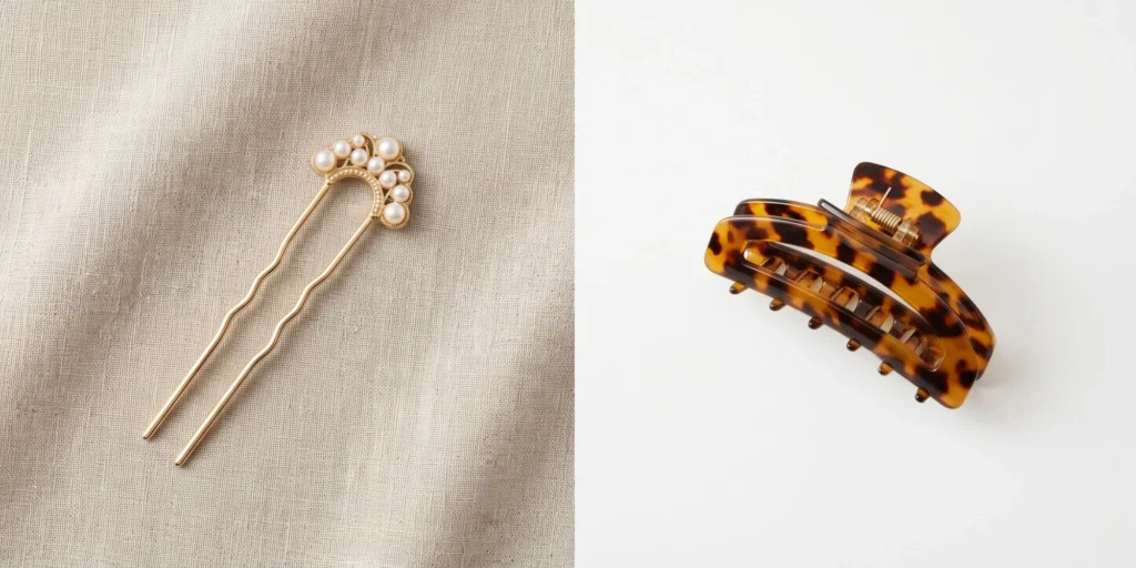 Gold-tone French hair pin and large acetate claw clip displayed in editorial context representing formal and casual styling uses