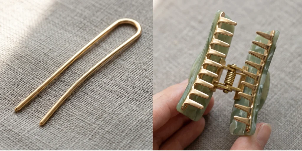 French hair pin shown in weaving insertion position alongside open claw clip showing spring jaw mechanism for comparison