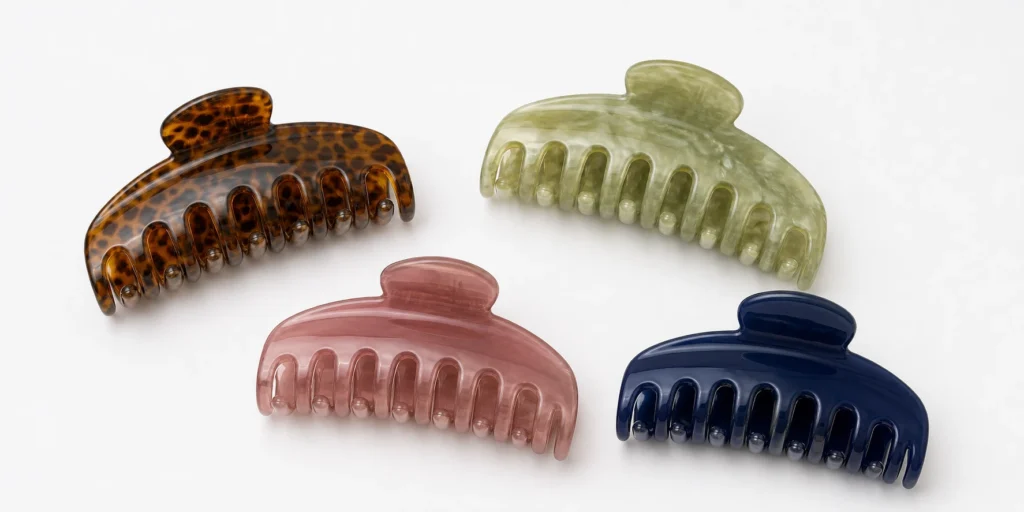 Large and oversized acetate claw clips in complementary colourways displayed for long hair B2B range planning reference