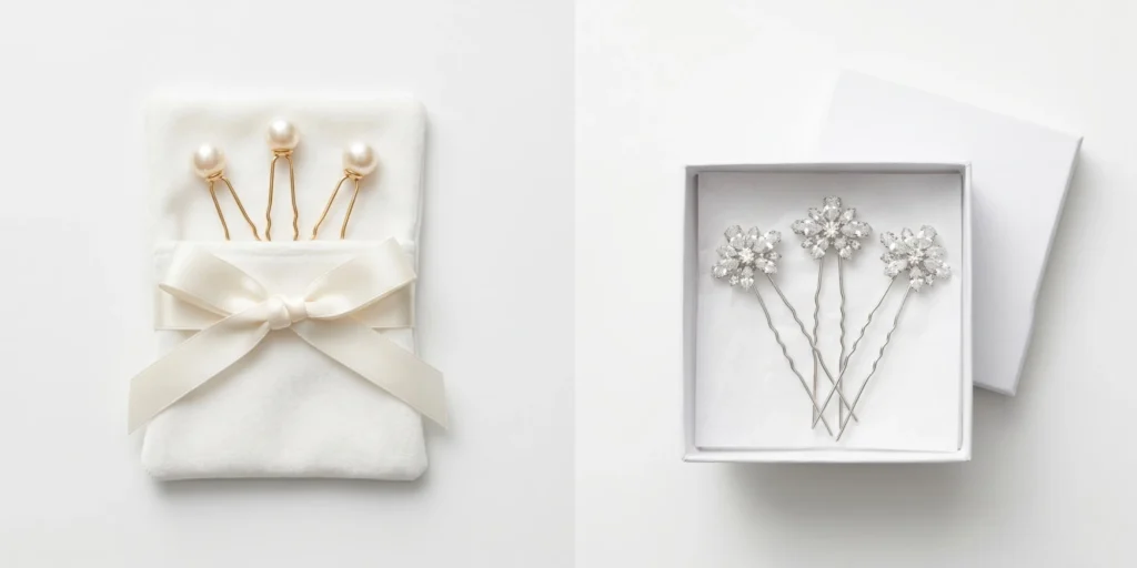 Pearl hair pins and crystal hair pins in premium bridal gift packaging displayed for B2B sourcing reference