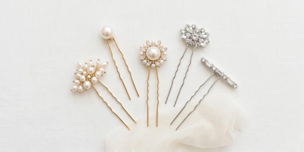Curated bridal hair pin range including pearl and crystal styles in gold and silver tone displayed editorially