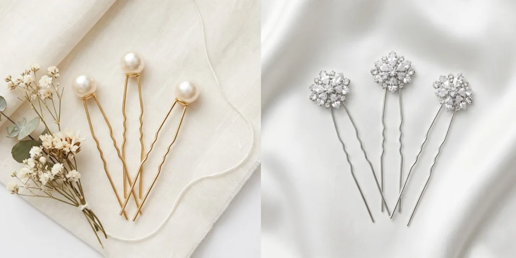 Pearl hair pins arranged in a soft romantic editorial alongside crystal hair pins in a glamorous evening context