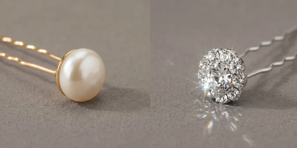 Close-up of pearl hair pin showing soft lustre alongside crystal hair pin showing directional faceted sparkle