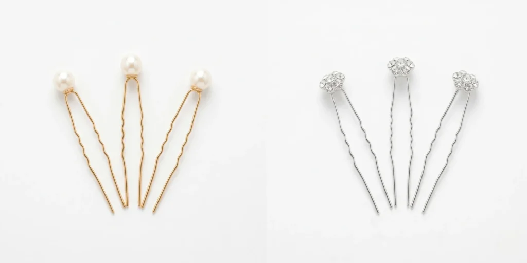 Pearl-headed and crystal-headed bridal hair pins displayed side by side on a white surface for wedding hair comparison
