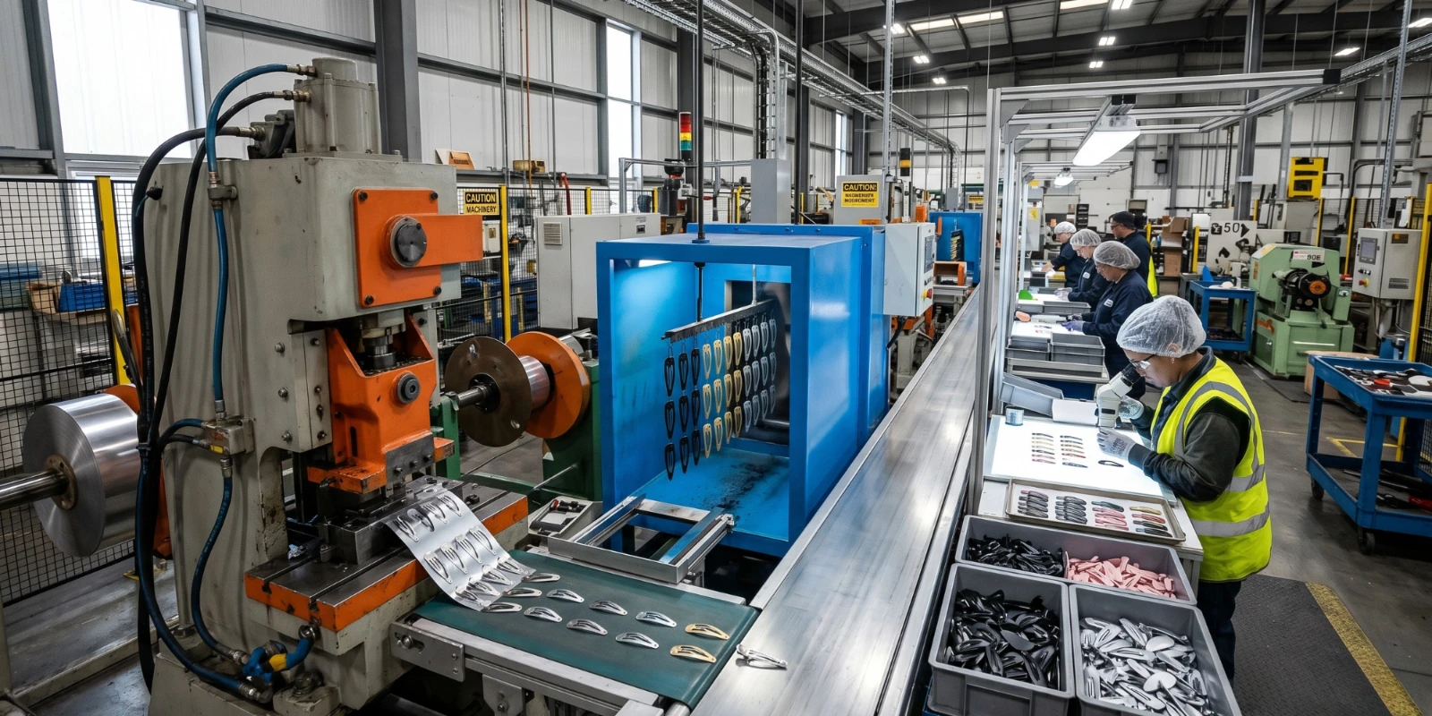 Factory production line stamping metal snap clip blanks from sheet coil, with workers inspecting finished clips