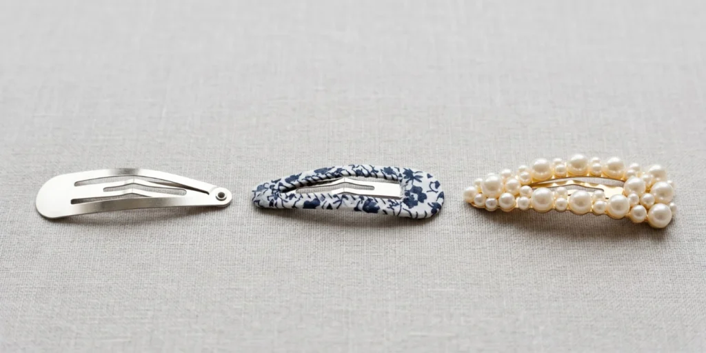 Snap clip types including metal, fabric-covered and pearl decorative clips