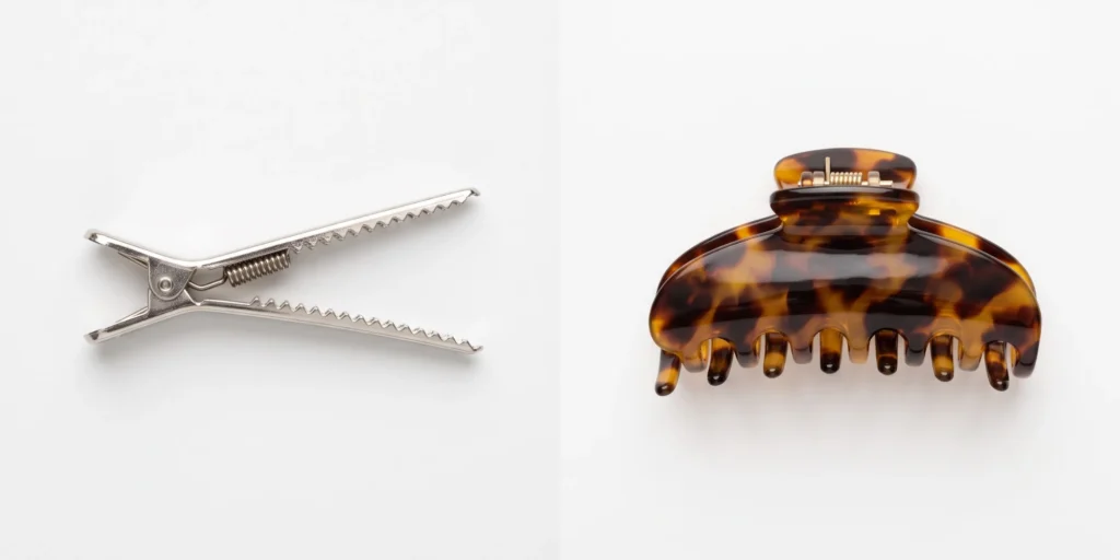 Alligator hair clip and claw clip displayed side by side on a white surface showing mechanism and size difference