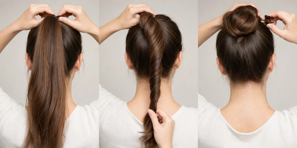 Step by step hair twisting sequence showing hair gathered, twisted into a rope and coiled before clipping