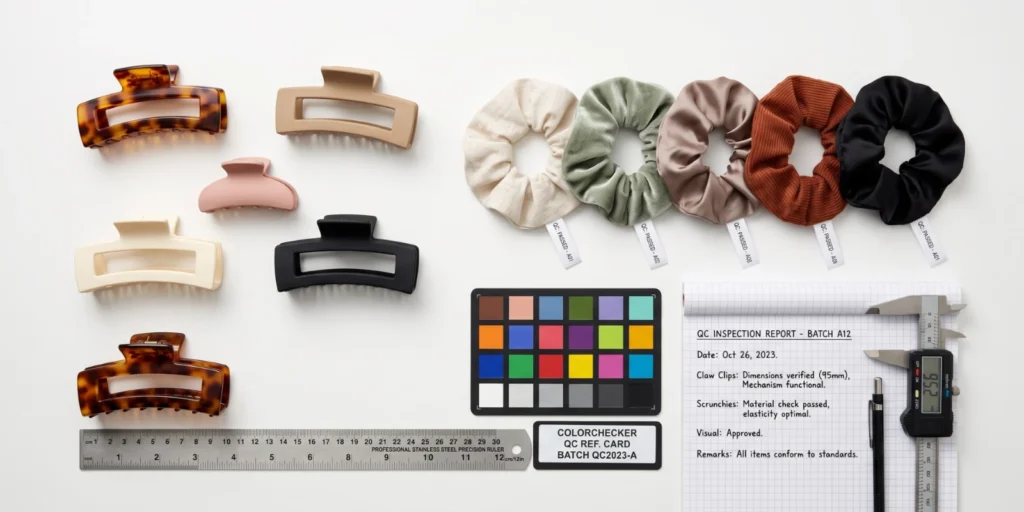 Hair accessories quality control inspection showing claw clips and scrunchies being checked against specification on a white surface