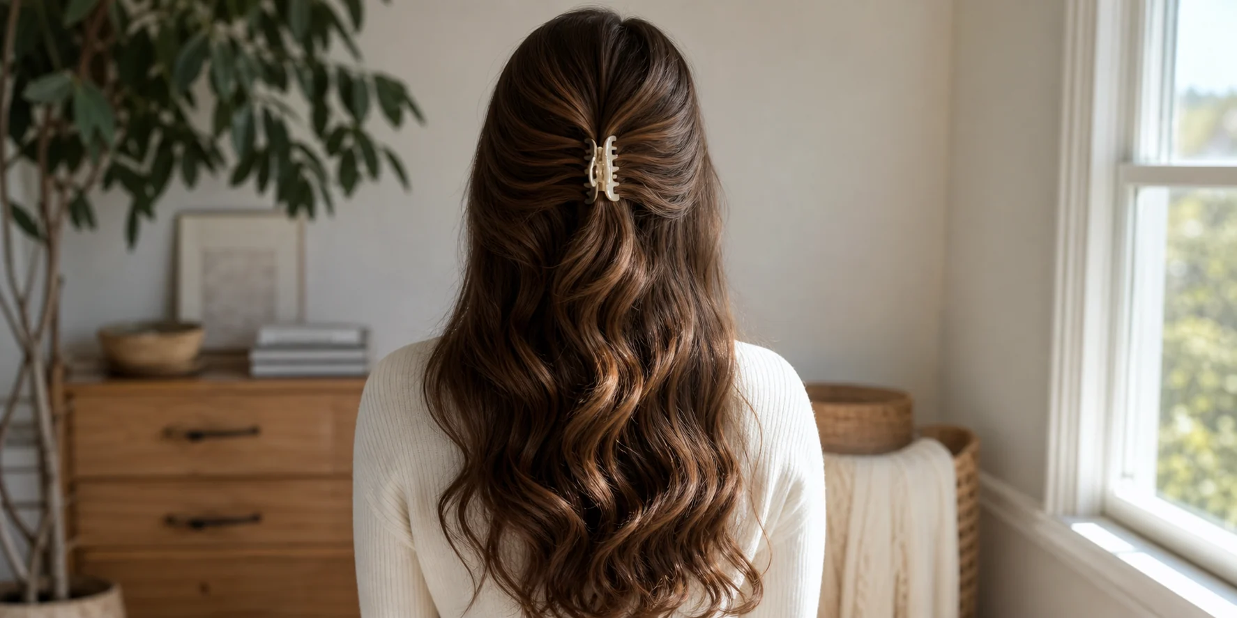 Soft heatless waves in long hair after overnight claw clip curling method