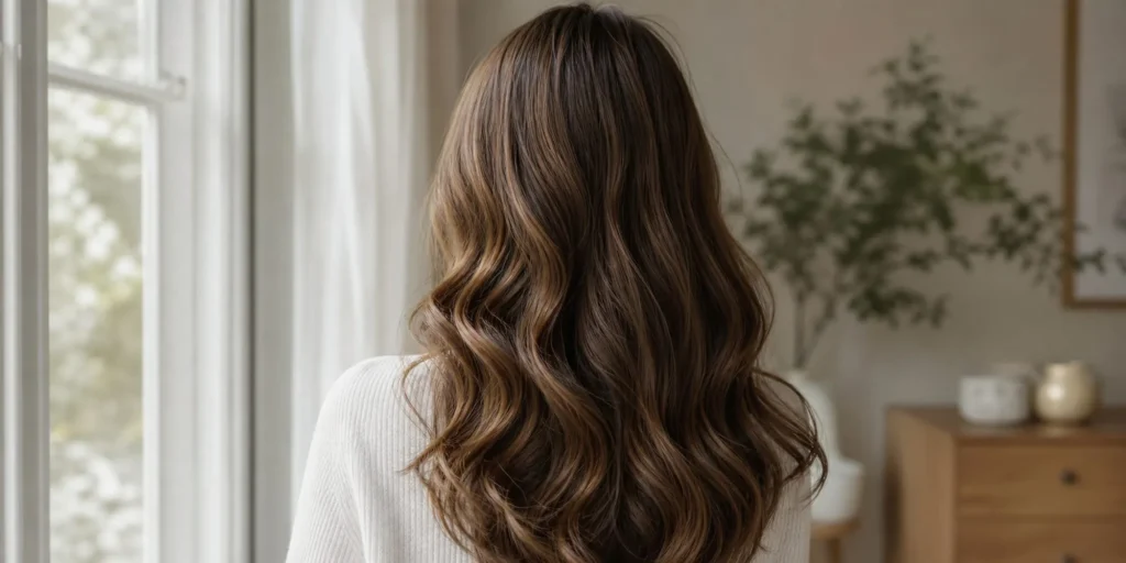 Soft heatless waves in long hair after overnight claw clip curling method
