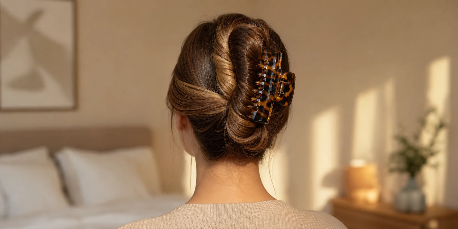 Hair twisted and secured with a large claw clip on top of the head for overnight heatless curls