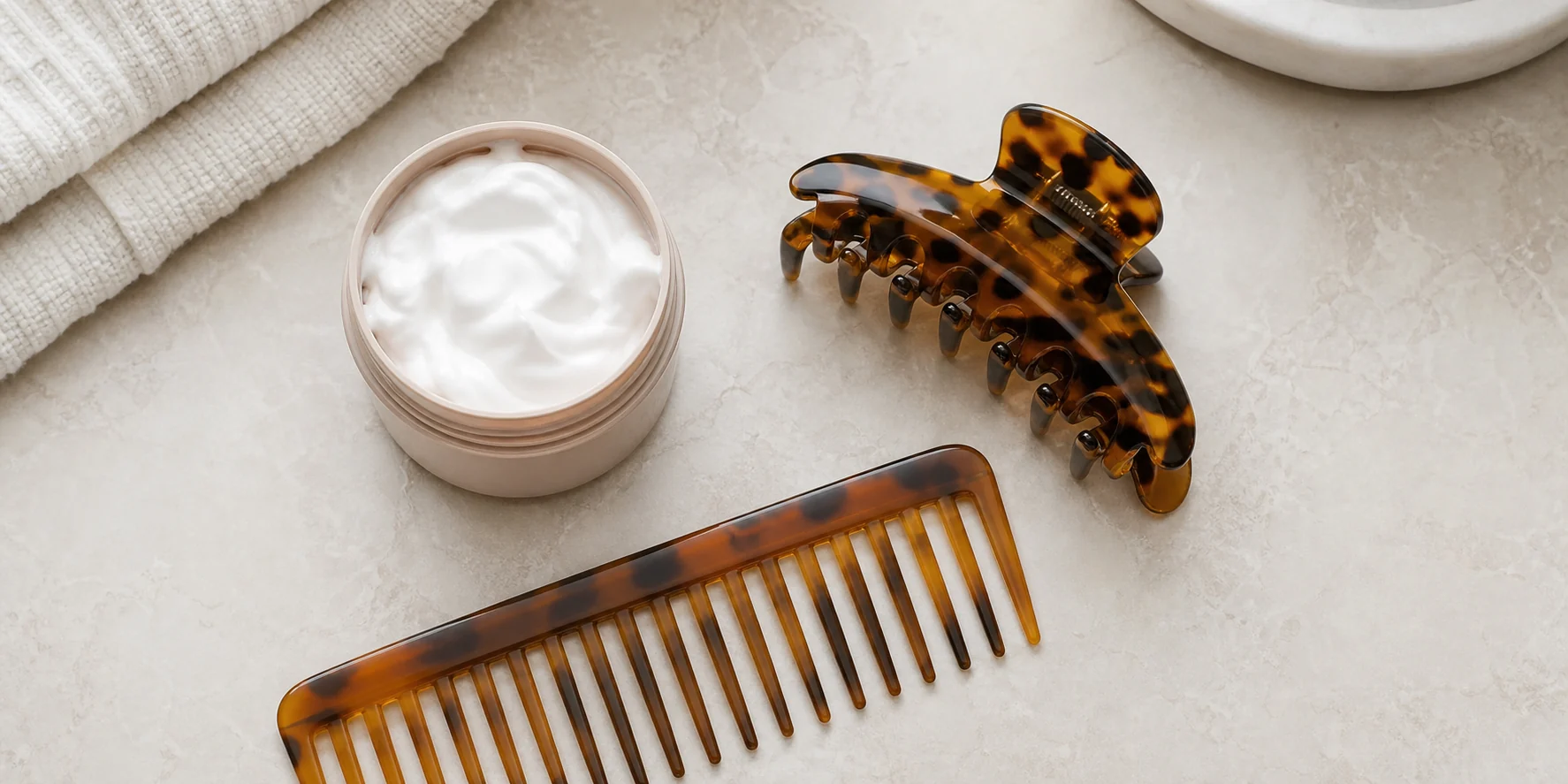 Styling mousse and wide tooth comb laid out beside a large acetate claw clip for heatless curling