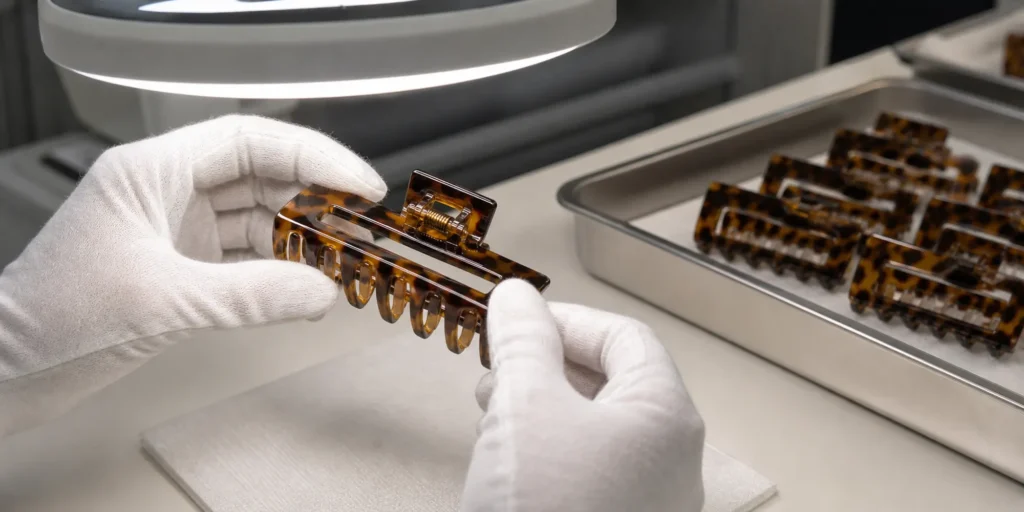 Quality inspection of molded plastic hair clips checking teeth edges and hinge assembly