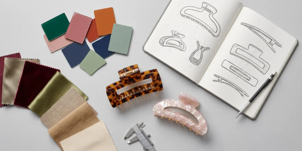 Hair accessories product development samples including colour swatches, material samples and prototype claw clips on a work surface