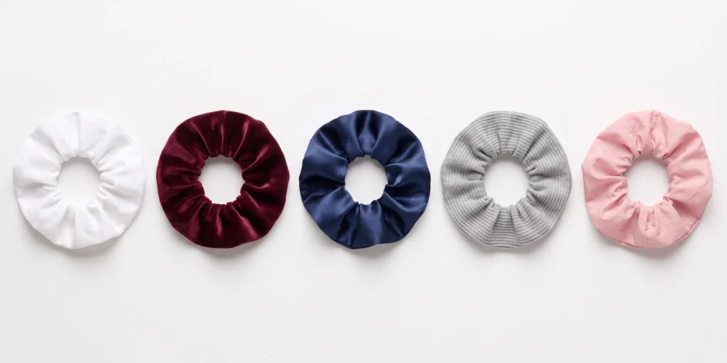 Silk and satin scrunchies in neutral colours showing smooth fabric texture for overnight hair protection