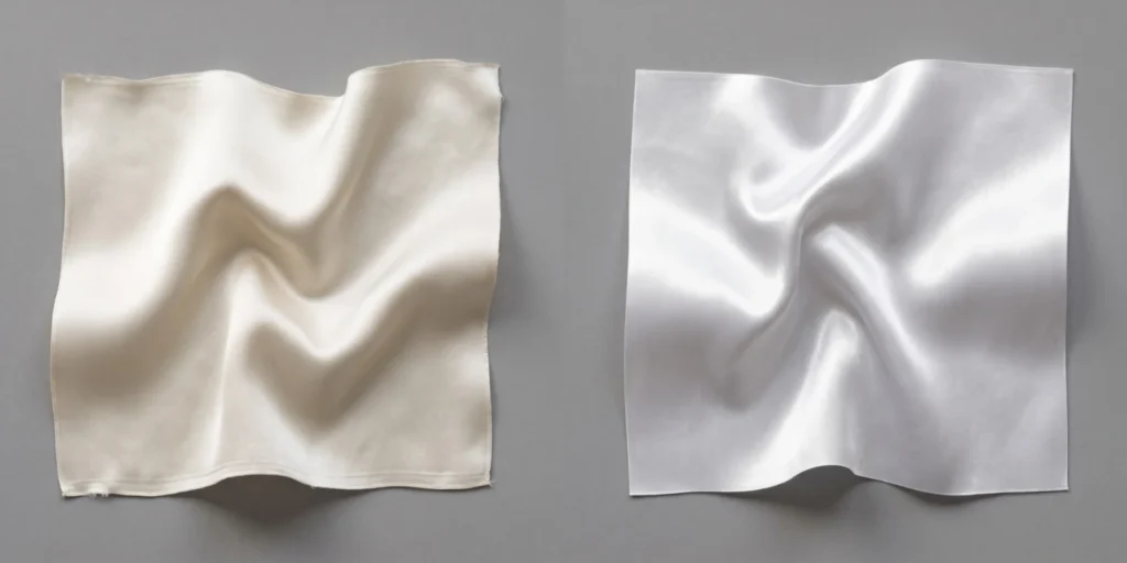 Close-up of mulberry silk fabric and satin fabric side by side showing weave and sheen differences