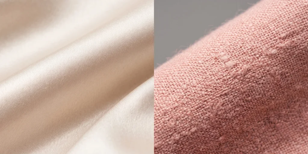 Close-up comparison of silk fabric surface versus cotton fabric surface showing texture difference relevant to hair friction