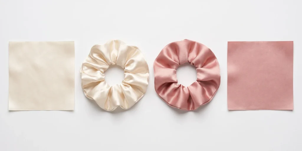 Silk fabric swatch and polyester satin swatch displayed alongside finished scrunchies for B2B sourcing reference