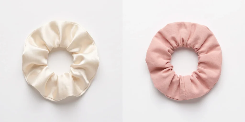 Silk scrunchie and regular fabric scrunchie displayed side by side on a white surface showing texture and material difference