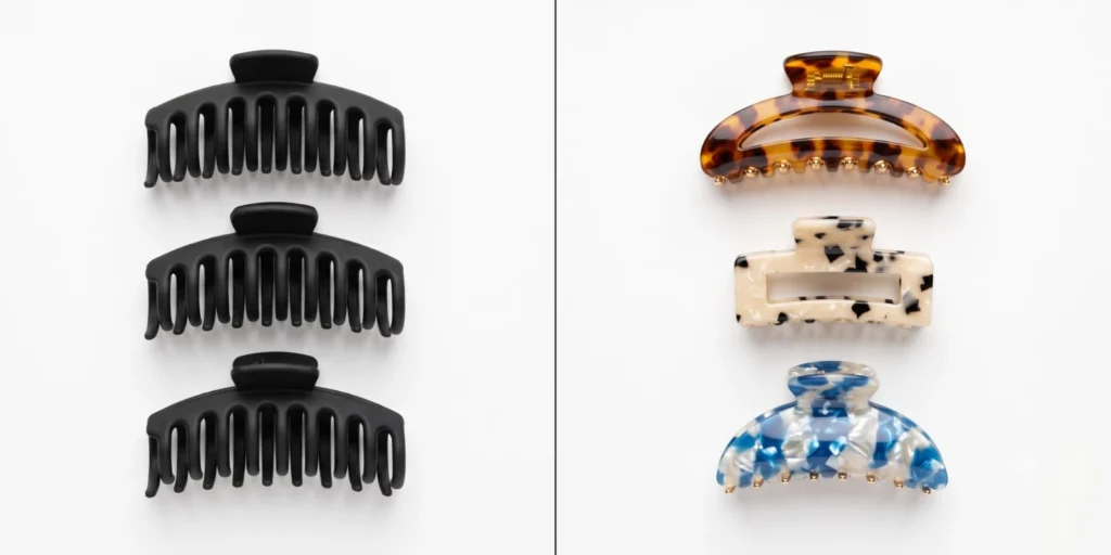 Injection molded plastic hair clips and claw clips beside an industrial mold tool on a workbench