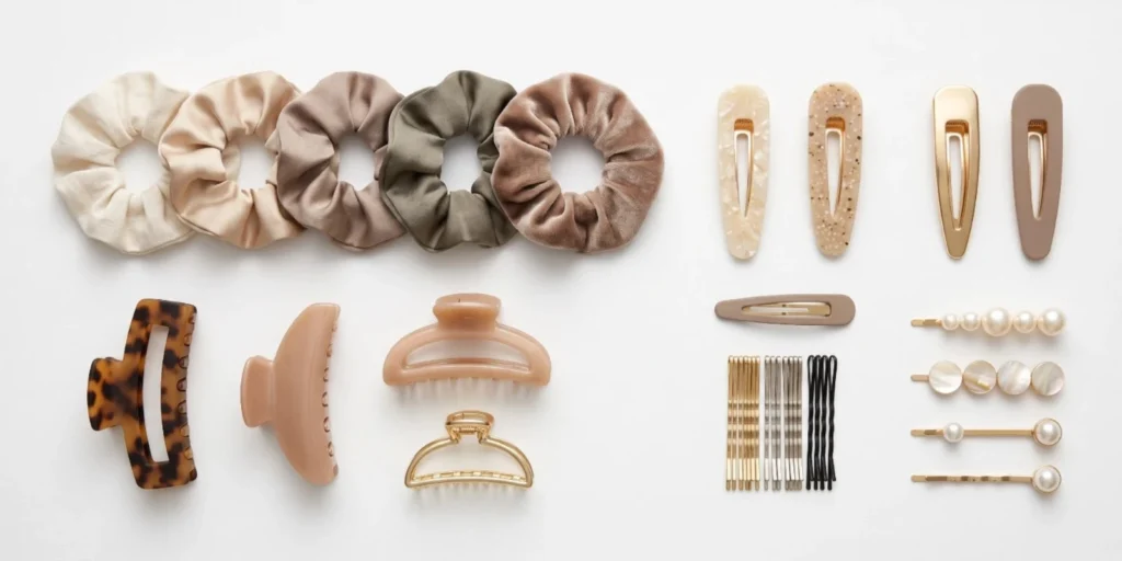White label and private label hair accessories including claw clips, scrunchies and barrettes displayed on a neutral surface