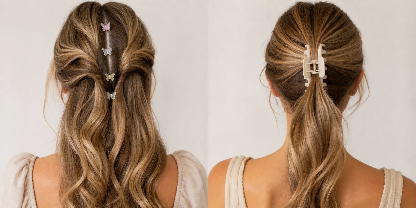 Half-up hairstyle with butterfly clip accents beside a ponytail secured with a claw clip