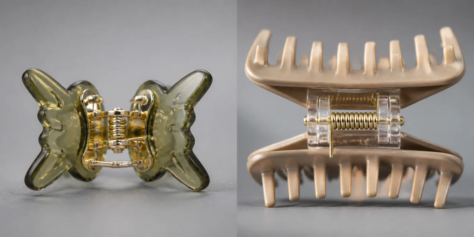 Butterfly clip hinge mechanism beside a claw clip spring jaw mechanism shown open