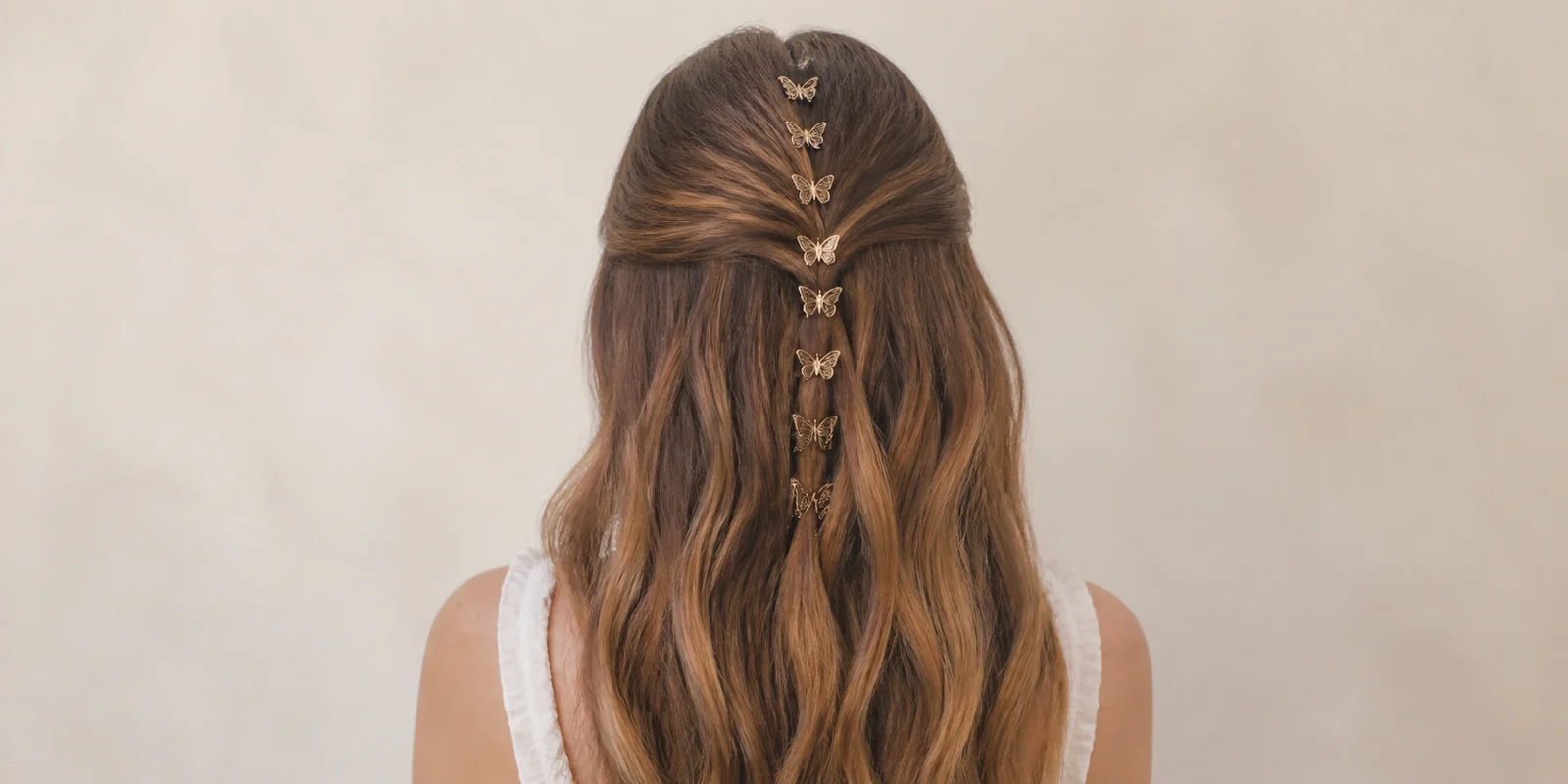 Half-up hairstyle with multiple butterfly clips along a centre part