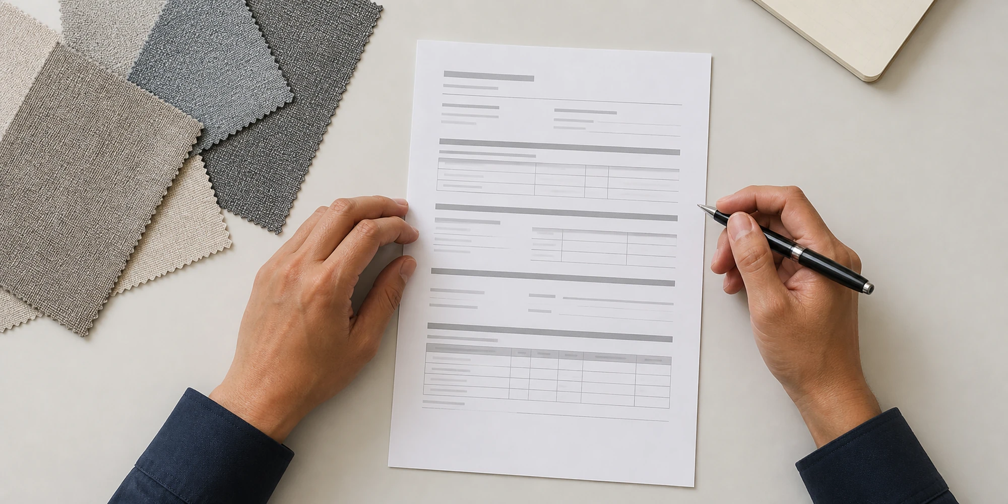 Fabric sourcing documentation being reviewed alongside neutral textile samples