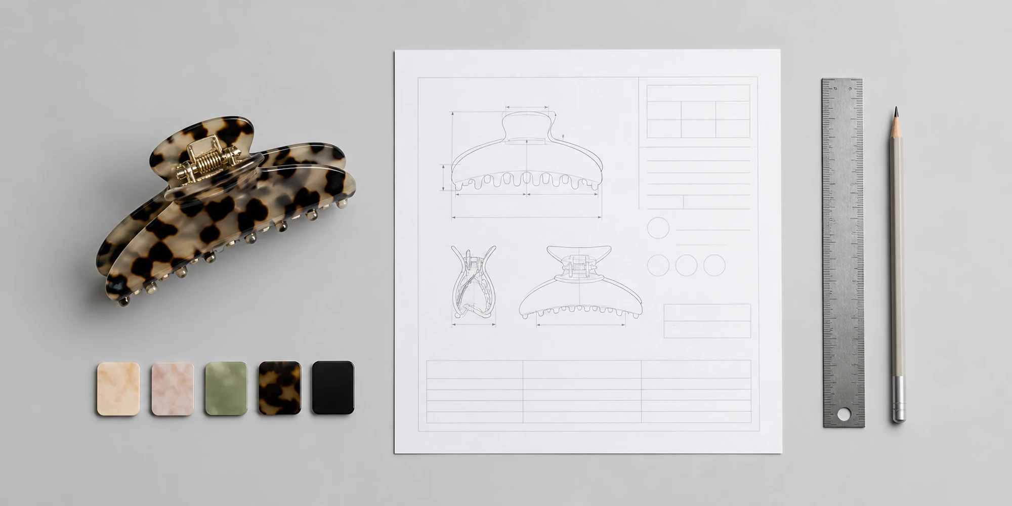 Product specification sheet with material and dimension notes for a custom claw clip order