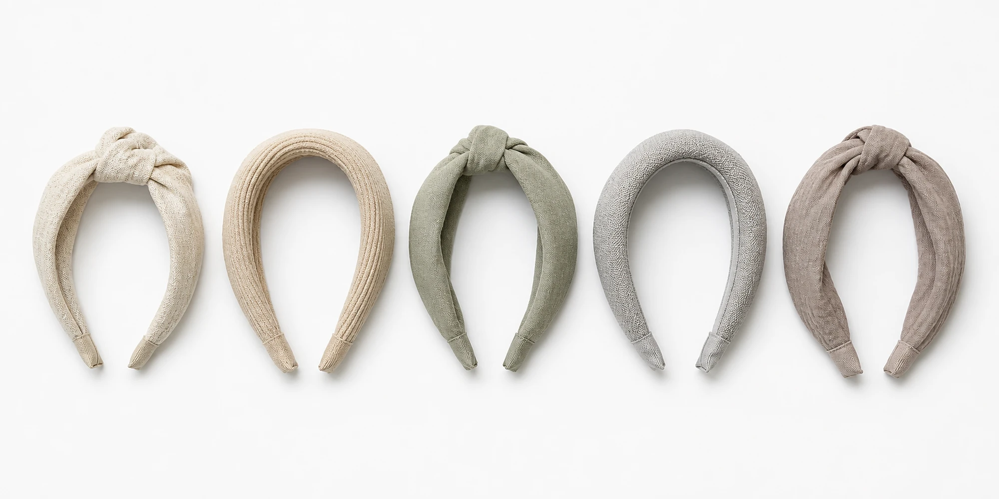 Range of sustainable fabric headbands in neutral colours made from recycled material