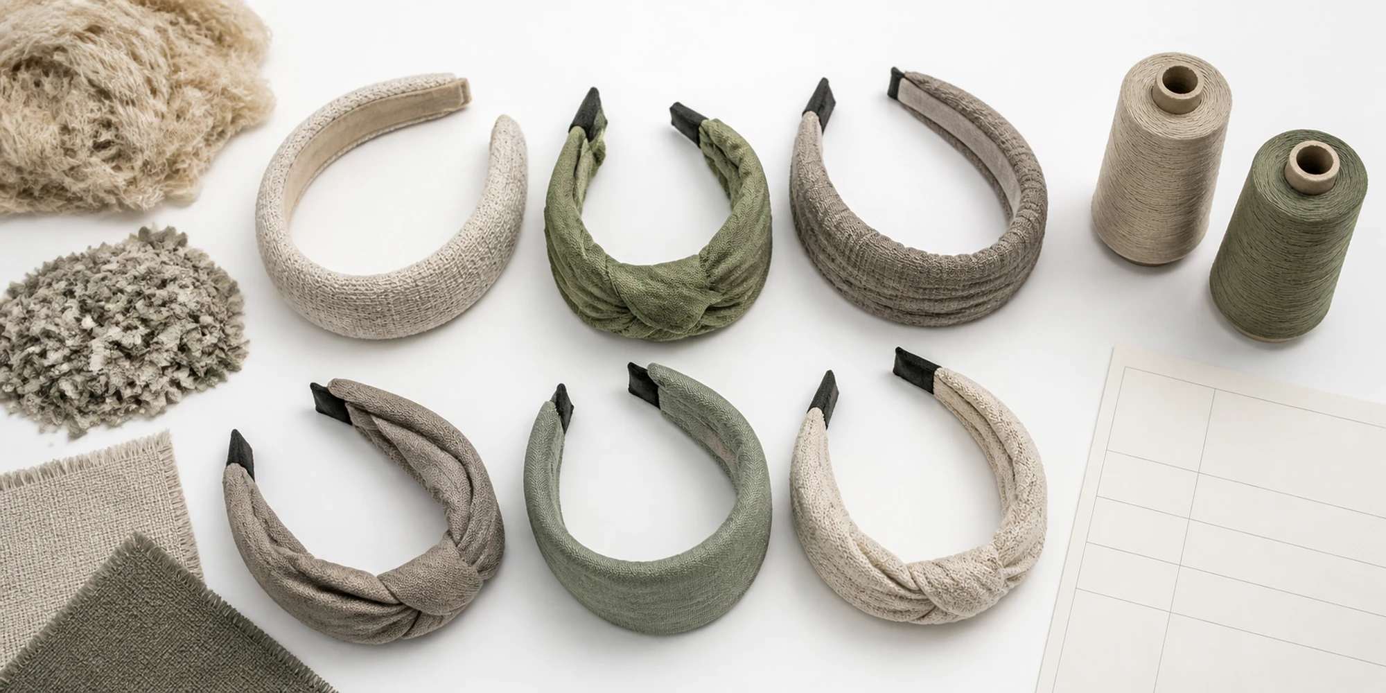 Neutral fabric headbands displayed with textile samples, thread spools, and sourcing paperwork
