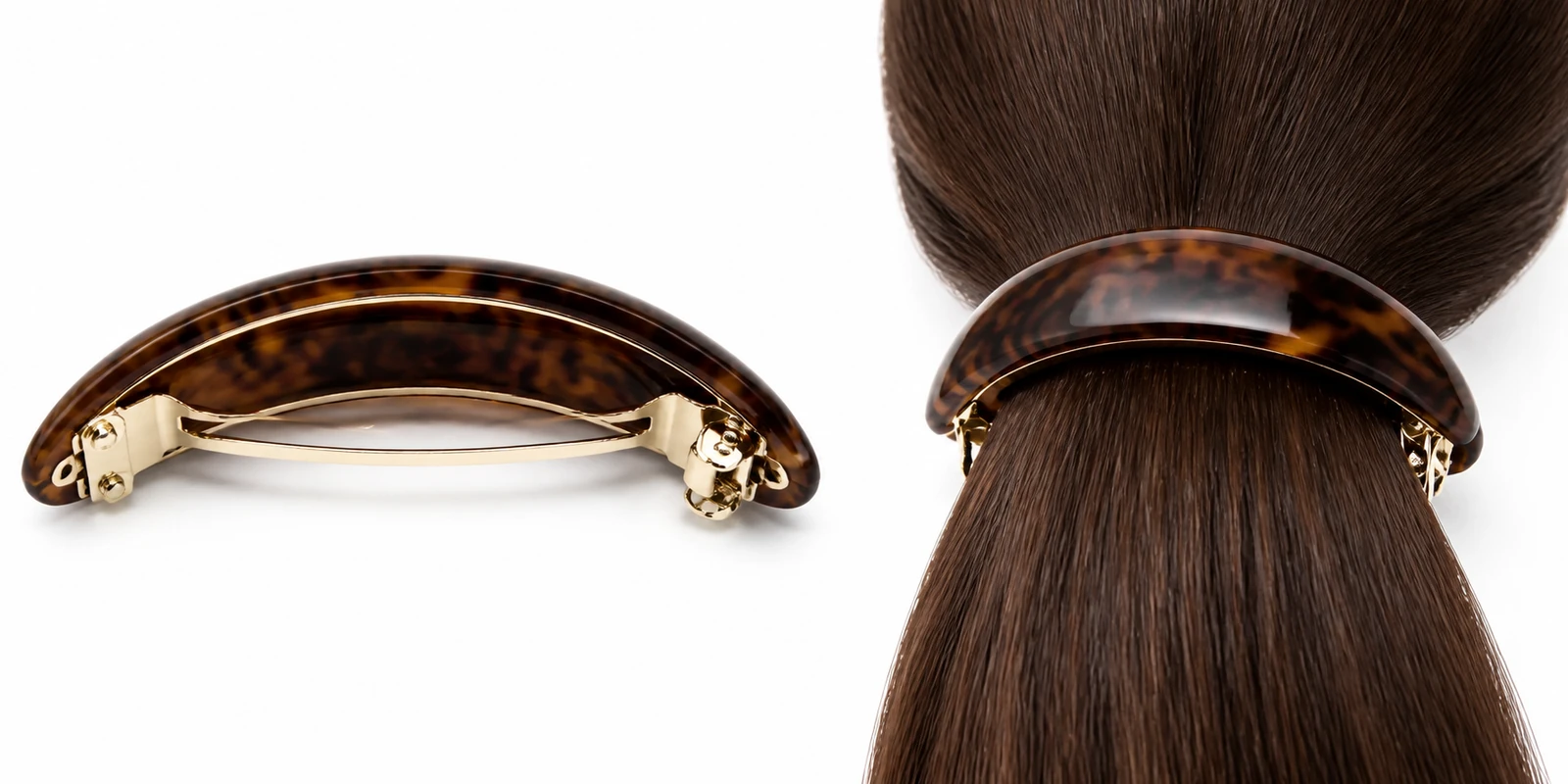 Volume barrette hair clip with French clasp shown open and holding a thick ponytail
