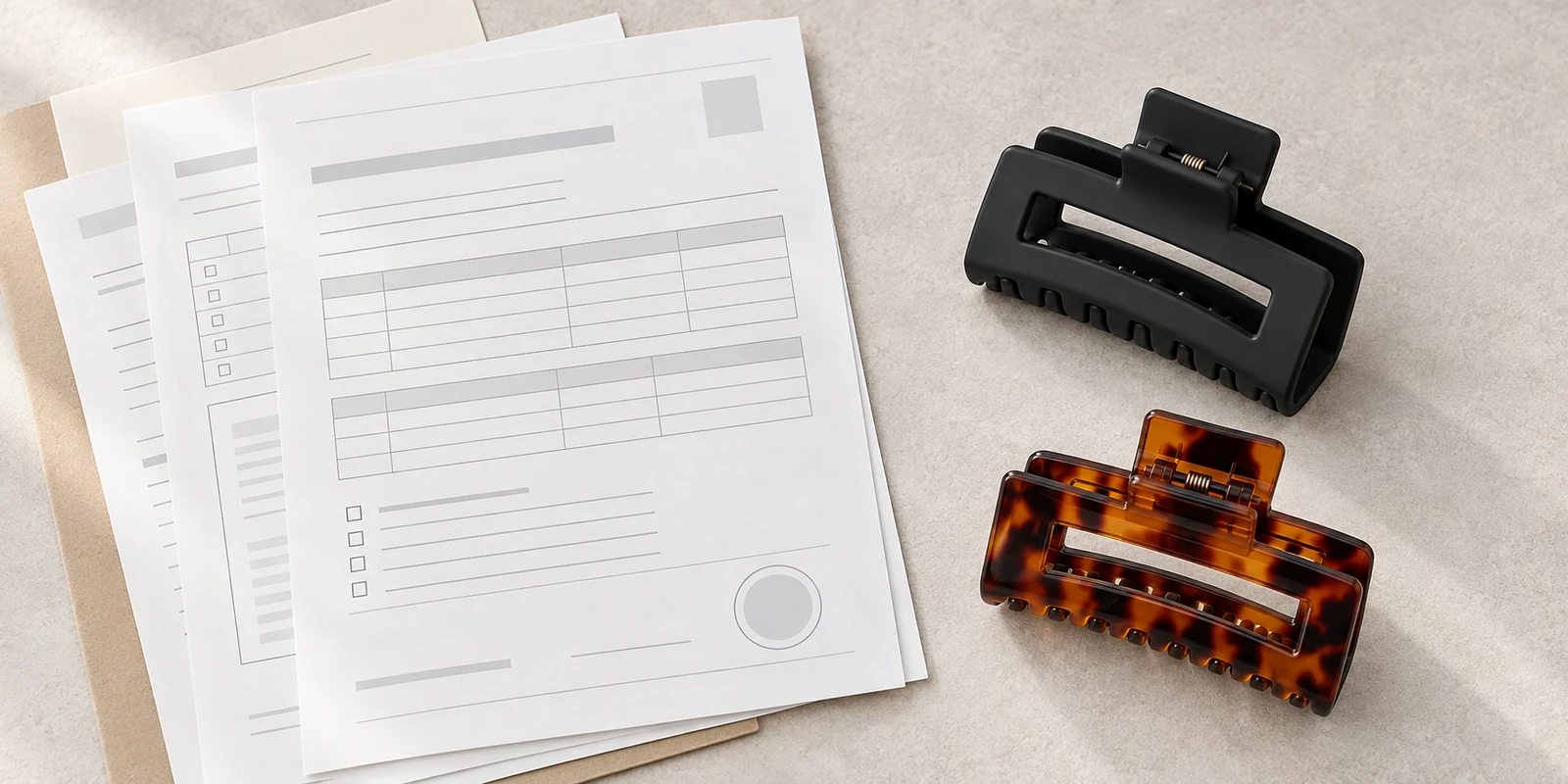 Transaction certificate documentation alongside recycled plastic claw clip samples