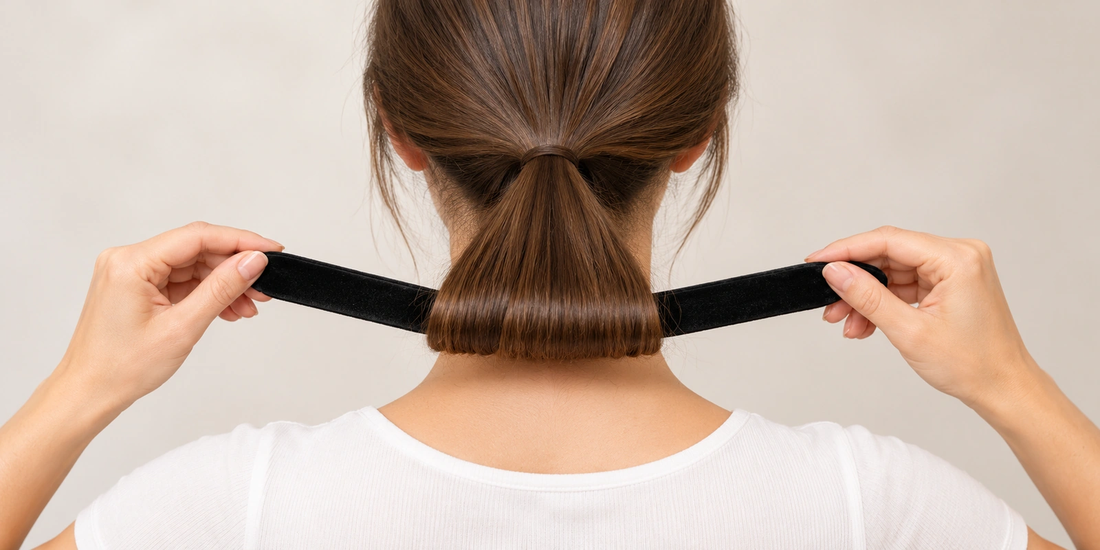 Hands rolling a ponytail toward the head with a covered two-strip bun maker