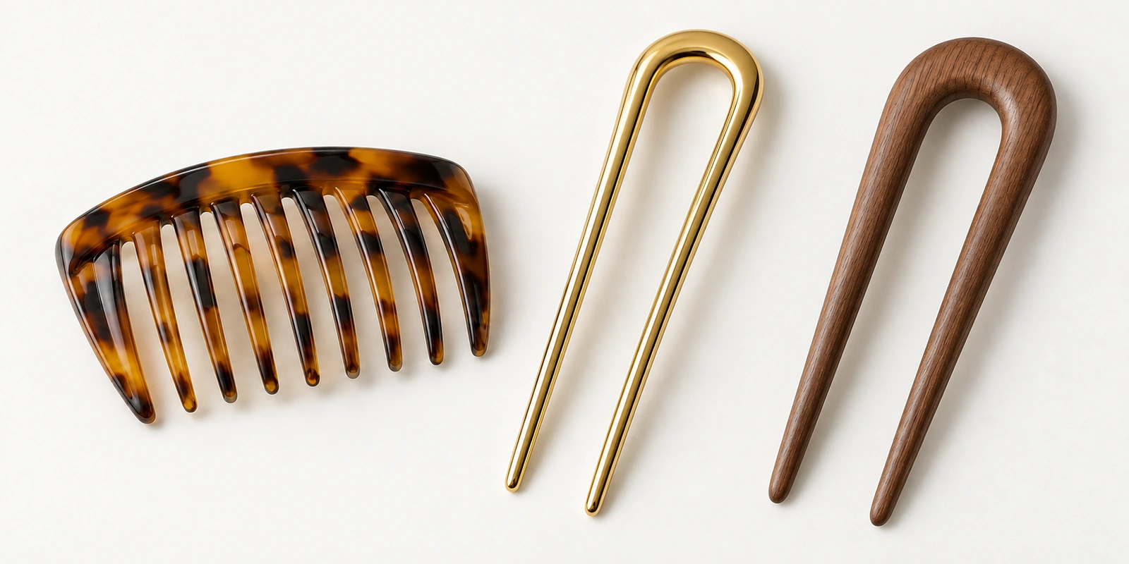 Close-up of polished acetate comb teeth, gold metal fork tips and wooden hair fork tips