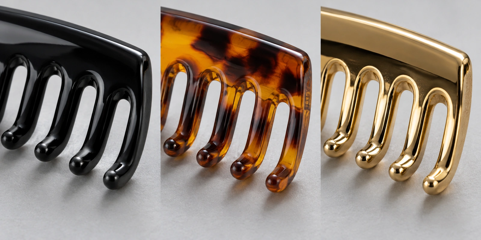 Claw clip materials compared: molded plastic, cut cellulose acetate and plated metal jaws side by side