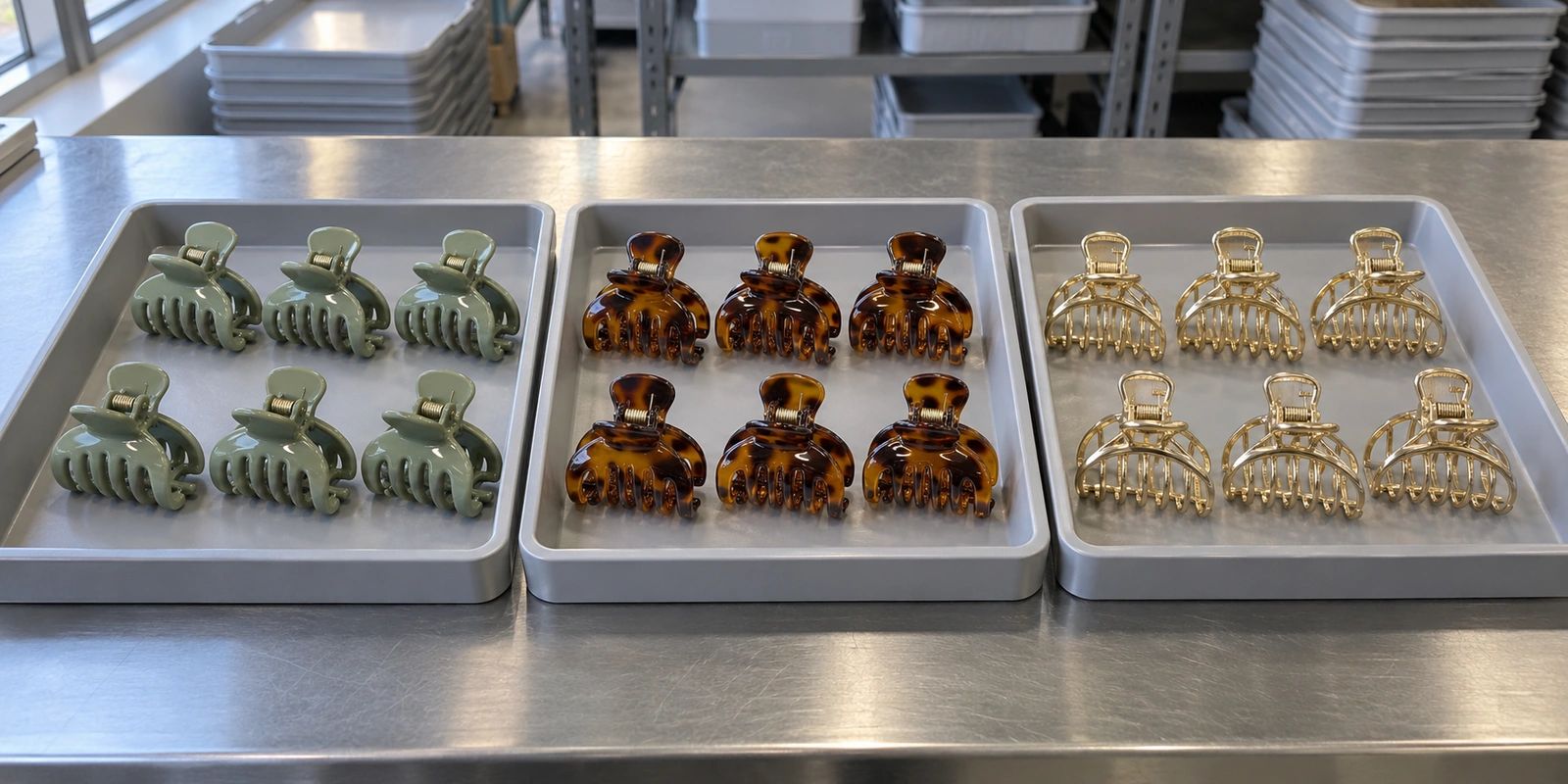 Claw clip production batches in plastic, acetate and metal sorted into trays by color