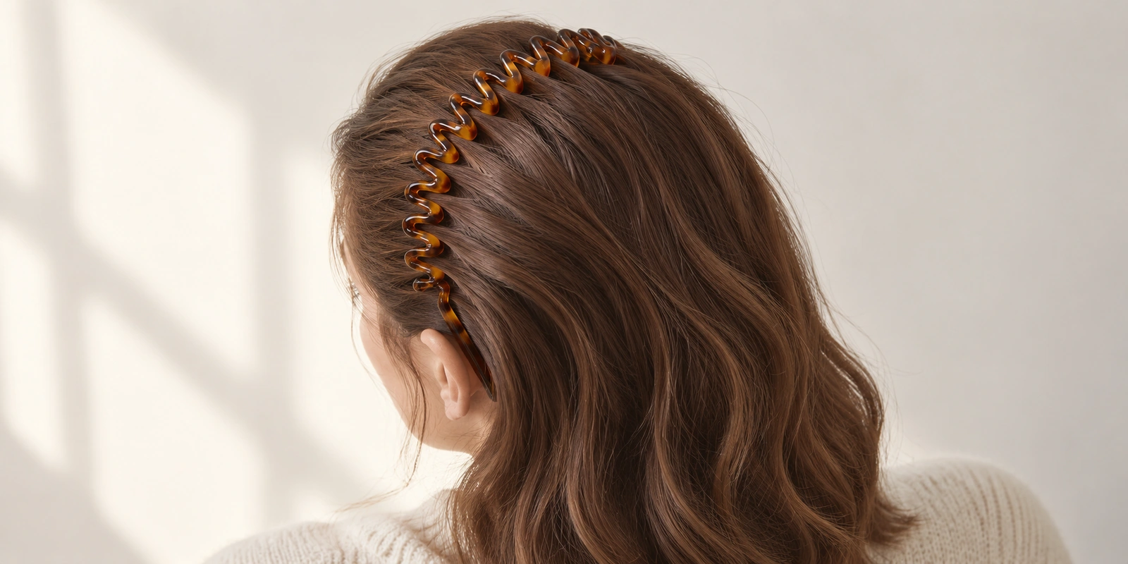 Zigzag comb headband worn behind the hairline with teeth combed into the hair, back view