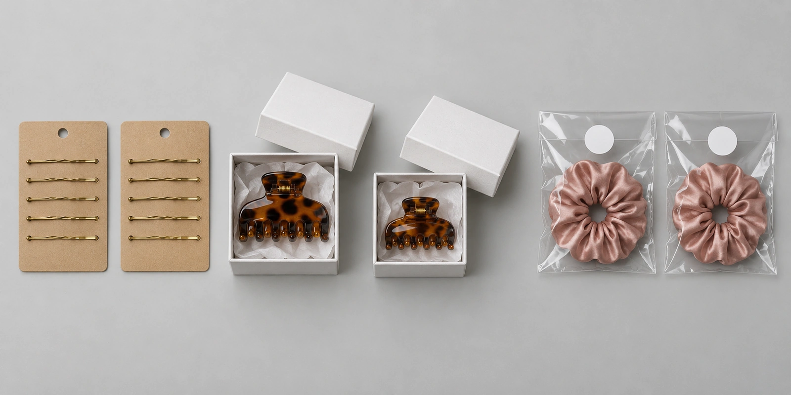 Hair accessory packaging options: printed backing cards, gift boxes and plain polybags with stickers